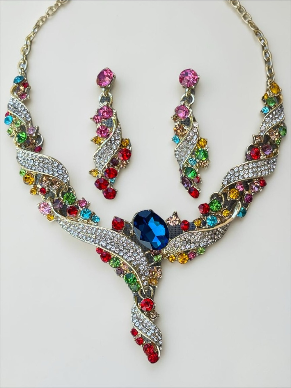Multicolor Crystal Rhinestone Statement Necklace Earring Set - Picture 5 of 7